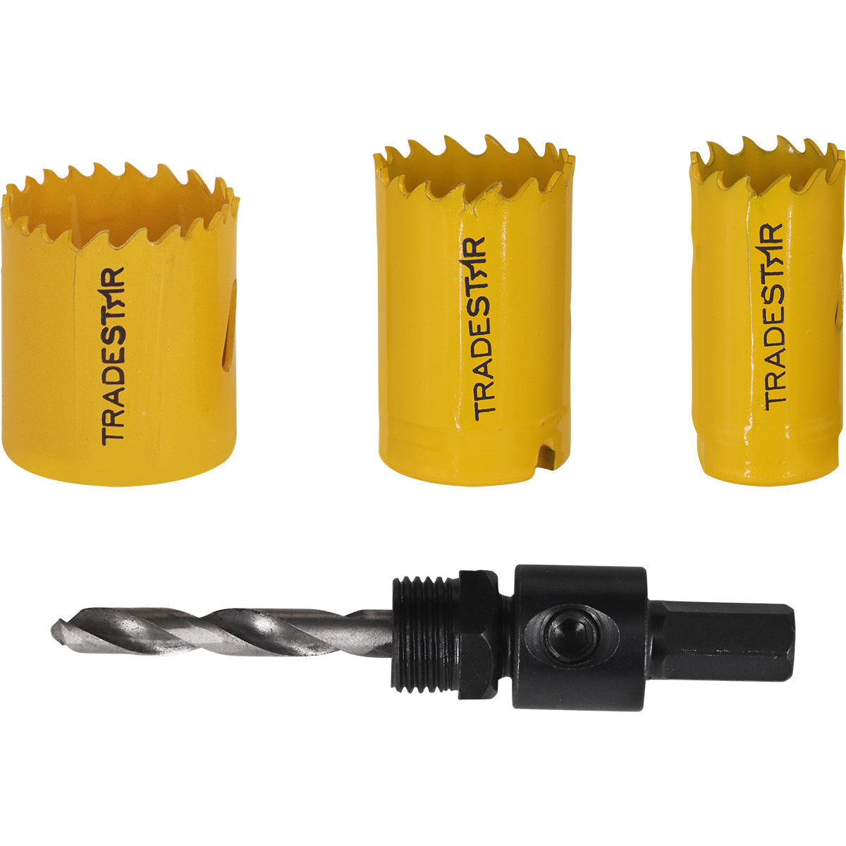 Jogo Serra Copo Bimetal 5 Peças Tradestar com adaptador e suporte, ideal para cortes precisos em metal, madeira, plástico e gesso. Kit inclui serras copo de diferentes tamanhos, mandril e adaptador. Ferramenta para construção civil, carpintaria, marcenaria, instalações elétricas e hidráulicas.