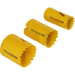 Jogo Serra Copo Bimetal 5 Pç C/ Adaptador Suporte Tradestar - Ferramenta para cortes precisos em metal, madeira, plástico e gesso. Ideal para construção civil, carpintaria, elétrica e hidráulica. Kit com serras copo de diferentes tamanhos e adaptador.