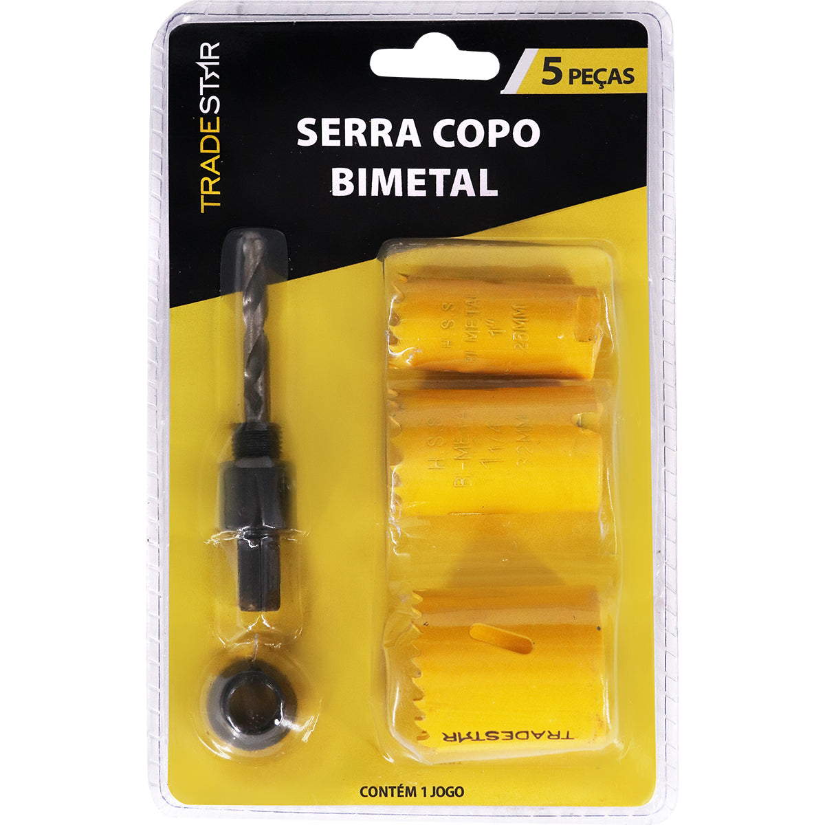 Jogo Serra Copo Bimetal 5 Peças Tradestar com adaptador e suporte, ideal para cortes precisos em metal, madeira, plástico e gesso. Kit com serras copo de 25mm, 32mm e 40mm, mandril e adaptador. Ferramenta para construção civil, carpintaria, marcenaria, instalações elétricas e hidráulicas.