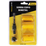 Jogo Serra Copo Bimetal 5 Peças Tradestar com adaptador e suporte, ideal para cortes precisos em metal, madeira, plástico e gesso. Kit com serras copo de 25mm, 32mm e 40mm, mandril e adaptador. Ferramenta para construção civil, carpintaria, marcenaria, instalações elétricas e hidráulicas.