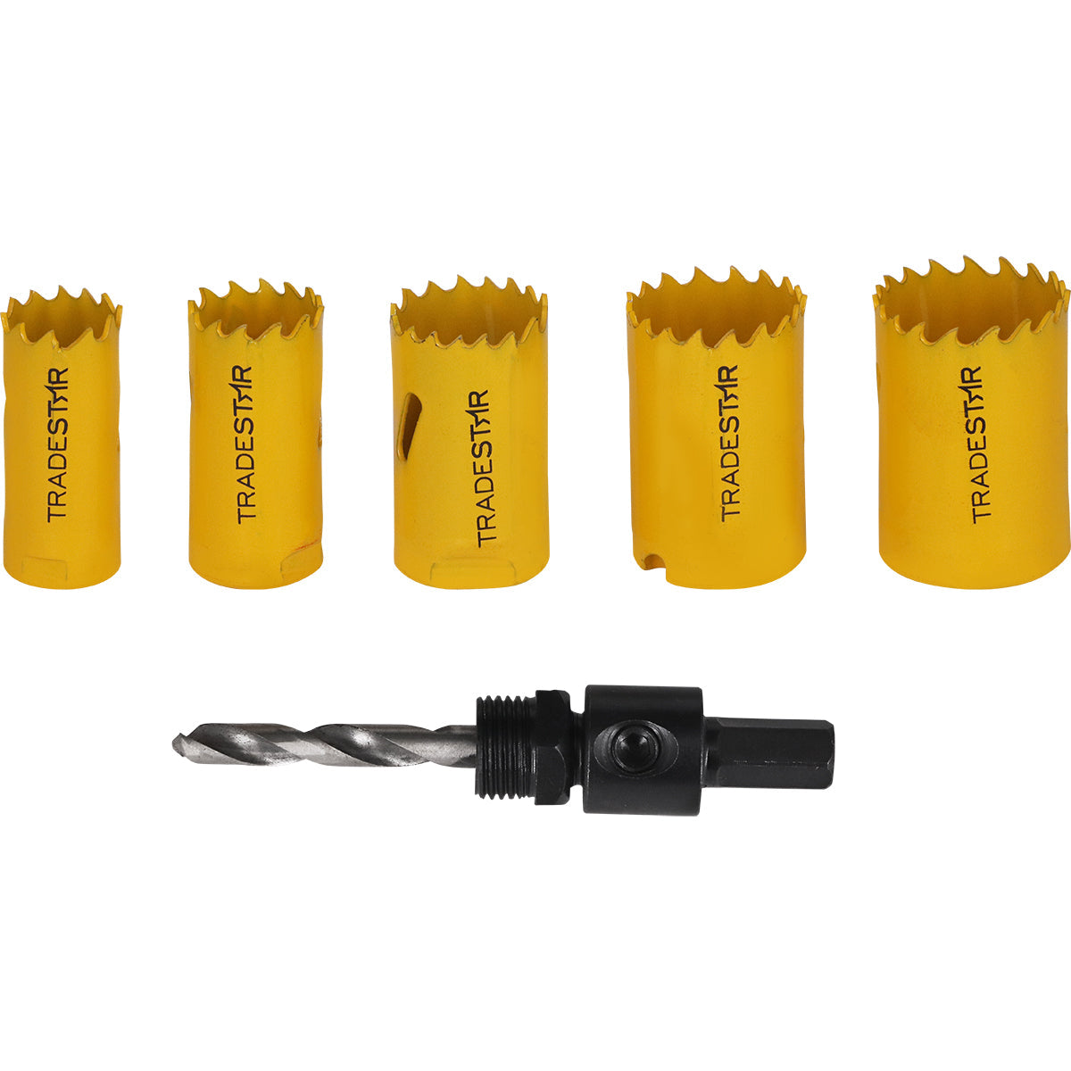 Jogo Serra Copo Bimetal 7 Pç Tradestar com adaptador e suporte, ideal para cortes precisos em metal, madeira, plástico e gesso. Kit com serras copo de diferentes tamanhos e broca piloto. Ferramenta para construção civil, carpintaria, marcenaria, manutenção, instalações elétricas e hidráulicas.
