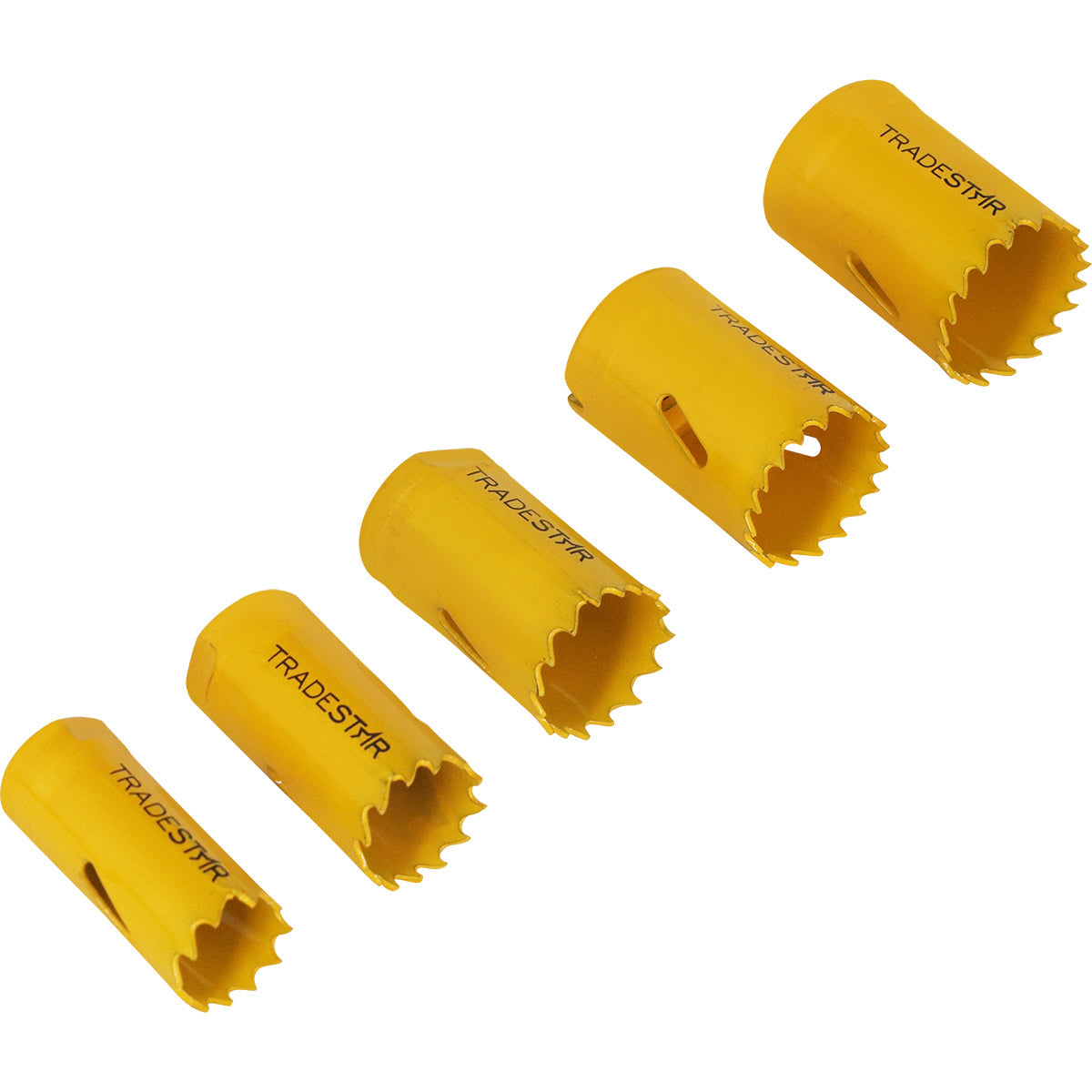 Jogo Serra Copo Bimetal 7 Pç Tradestar - Kit com 5 serras copo amarelas, mandril e adaptador para cortes precisos em metal, madeira, plástico e gesso. Ferramenta ideal para construção civil, carpintaria, manutenção, instalações elétricas e hidráulicas.
