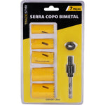 Jogo Serra Copo Bimetal 7 Peças Tradestar com adaptador e suporte, ideal para cortes precisos em metal, madeira, plástico e gesso. Kit com 5 serras copo de diferentes tamanhos, mandril e adaptador. Ferramenta essencial para construção civil, carpintaria, marcenaria, manutenção, instalações elétricas e hidráulicas.