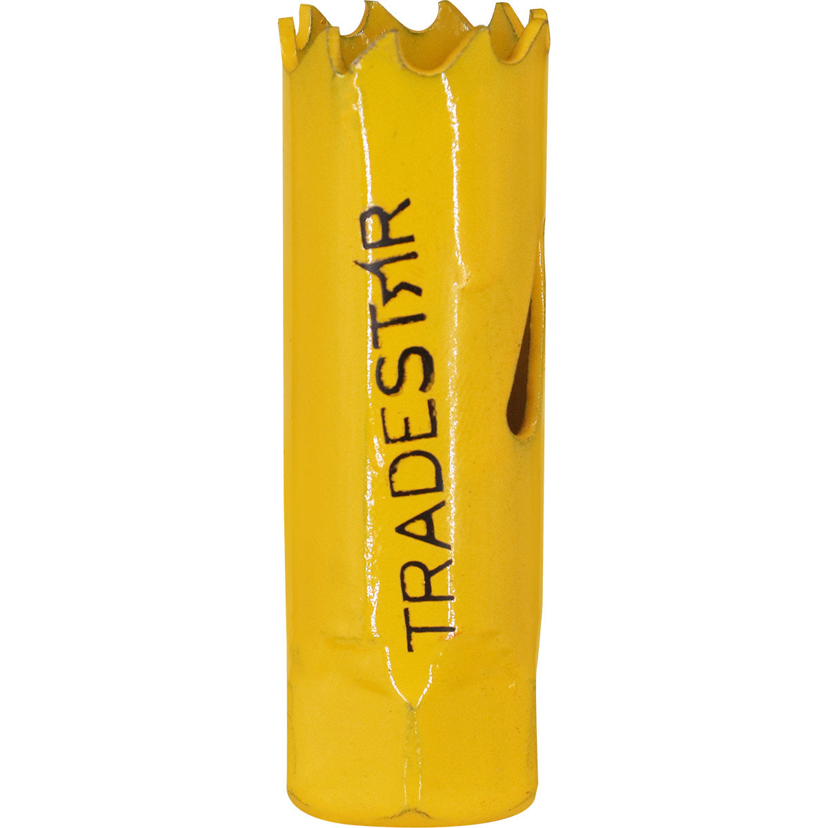 Serra Copo Bimetal Broca 19mm Corte Metal Geral Tradestar - Serra copo amarela com dentes para corte em metal, ideal para uso em marcenaria, construção e indústria. Ferramenta Tradestar para cortes precisos e rápidos.