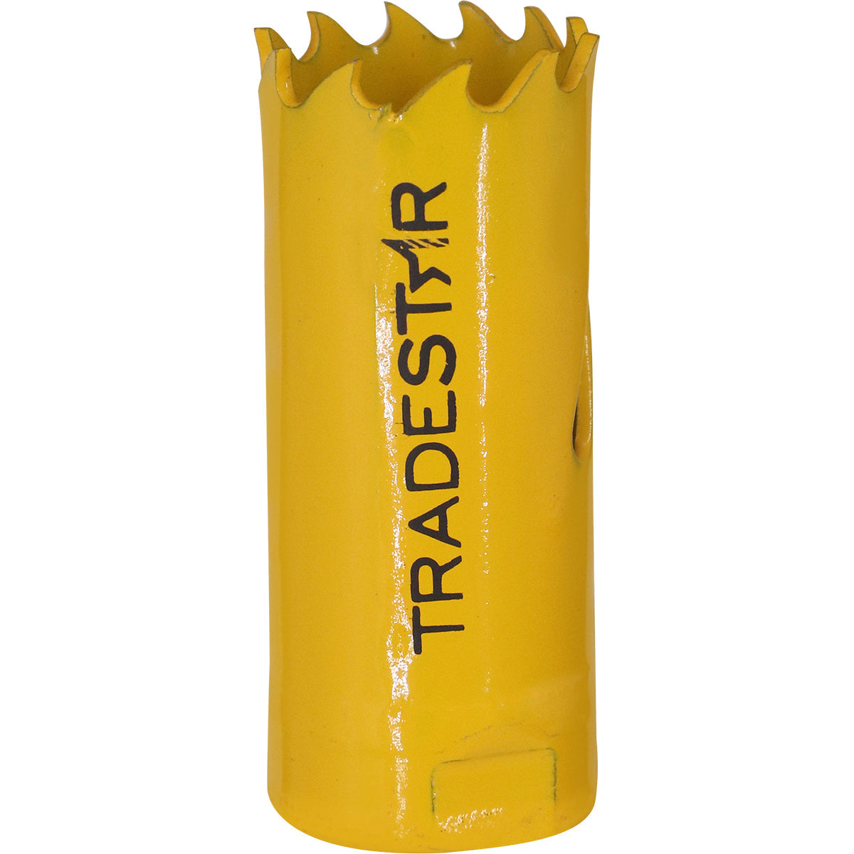 Serra Copo Bimetal Broca 22mm Corte Metal Geral Tradestar - Ferramenta para cortes precisos em metal, ideal para construção civil e indústria. Serra copo amarela com dentes afiados e logo Tradestar.