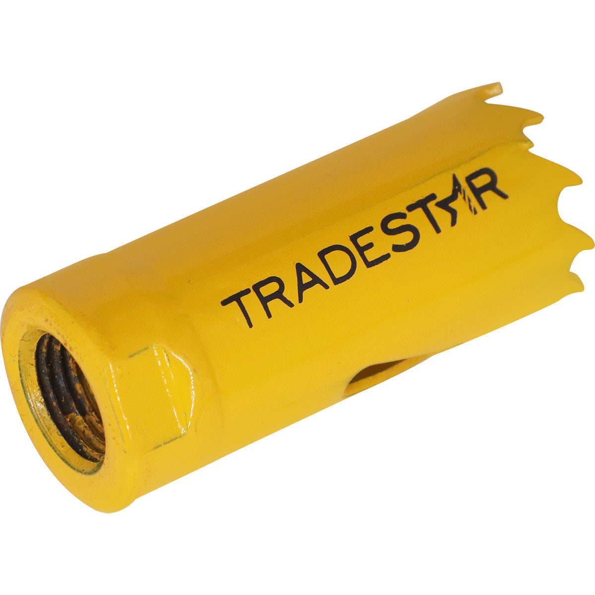 Serra Copo Bimetal Broca 22mm Corte Metal Geral Tradestar - Ferramenta amarela para corte preciso em metal, ideal para uso profissional e industrial. Possui dentes serrilhados e marca Tradestar.
