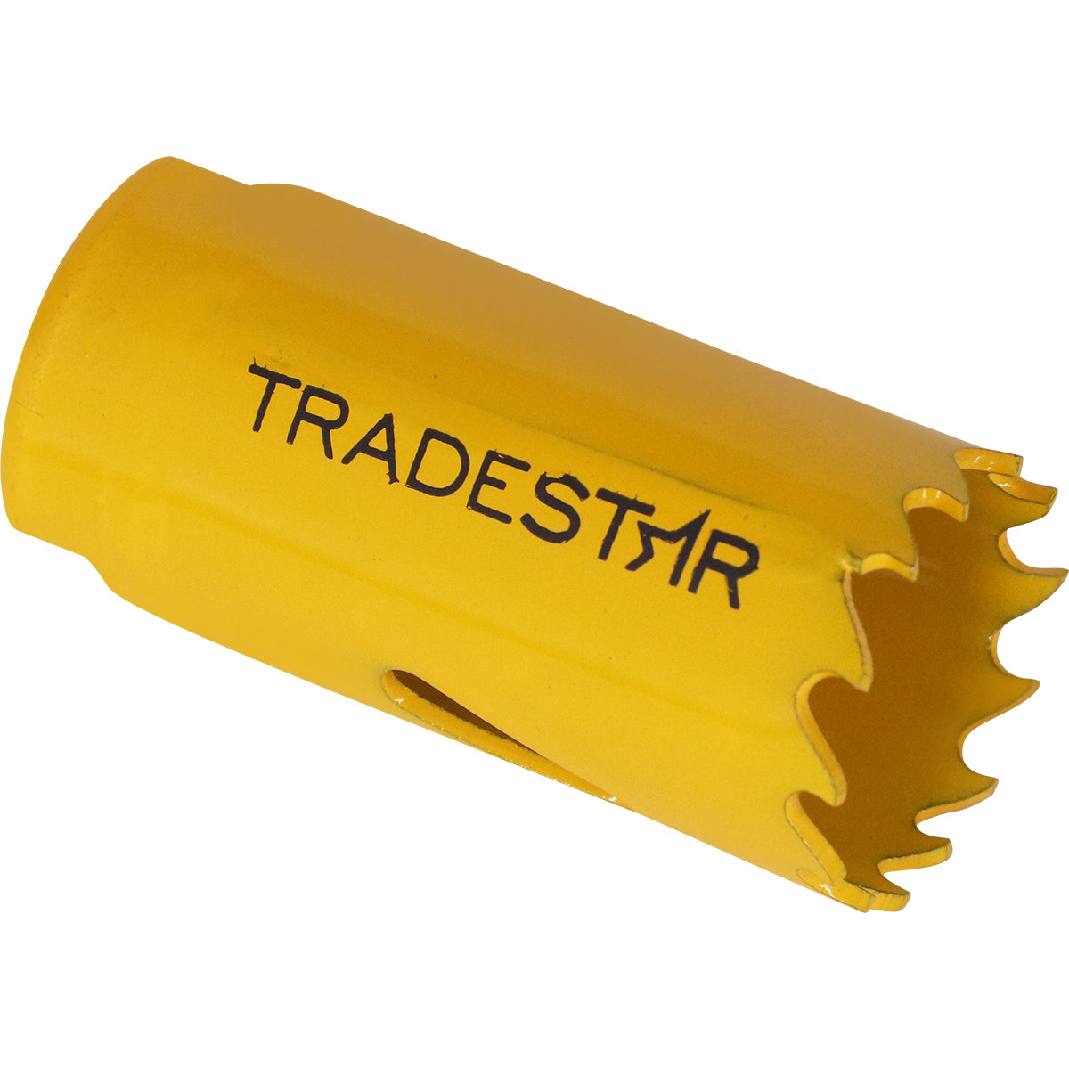 Serra Copo Bimetal Broca 25mm Corte Metal Geral Tradestar - Serra copo amarela para corte em metal, com dentes serrilhados e logo Tradestar.