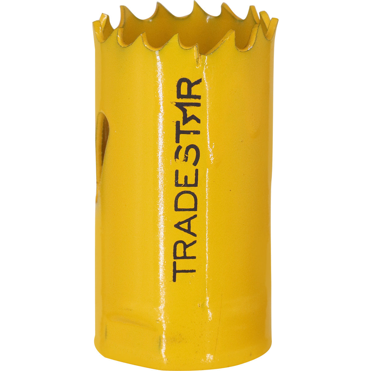 Serra Copo Bimetal Broca 27mm Corte Metal Geral Tradestar - Ferramenta de corte circular amarela, ideal para cortes precisos em metais, madeira, plásticos e gesso. Serra copo bimetálica Tradestar, com dentes serrilhados e logotipo da marca visível.