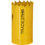 Serra Copo Bimetal Broca 27mm Corte Metal Geral Tradestar - Ferramenta de corte circular amarela, ideal para cortes precisos em metais, madeira, plásticos e gesso. Serra copo bimetálica Tradestar, com dentes serrilhados e logotipo da marca visível.