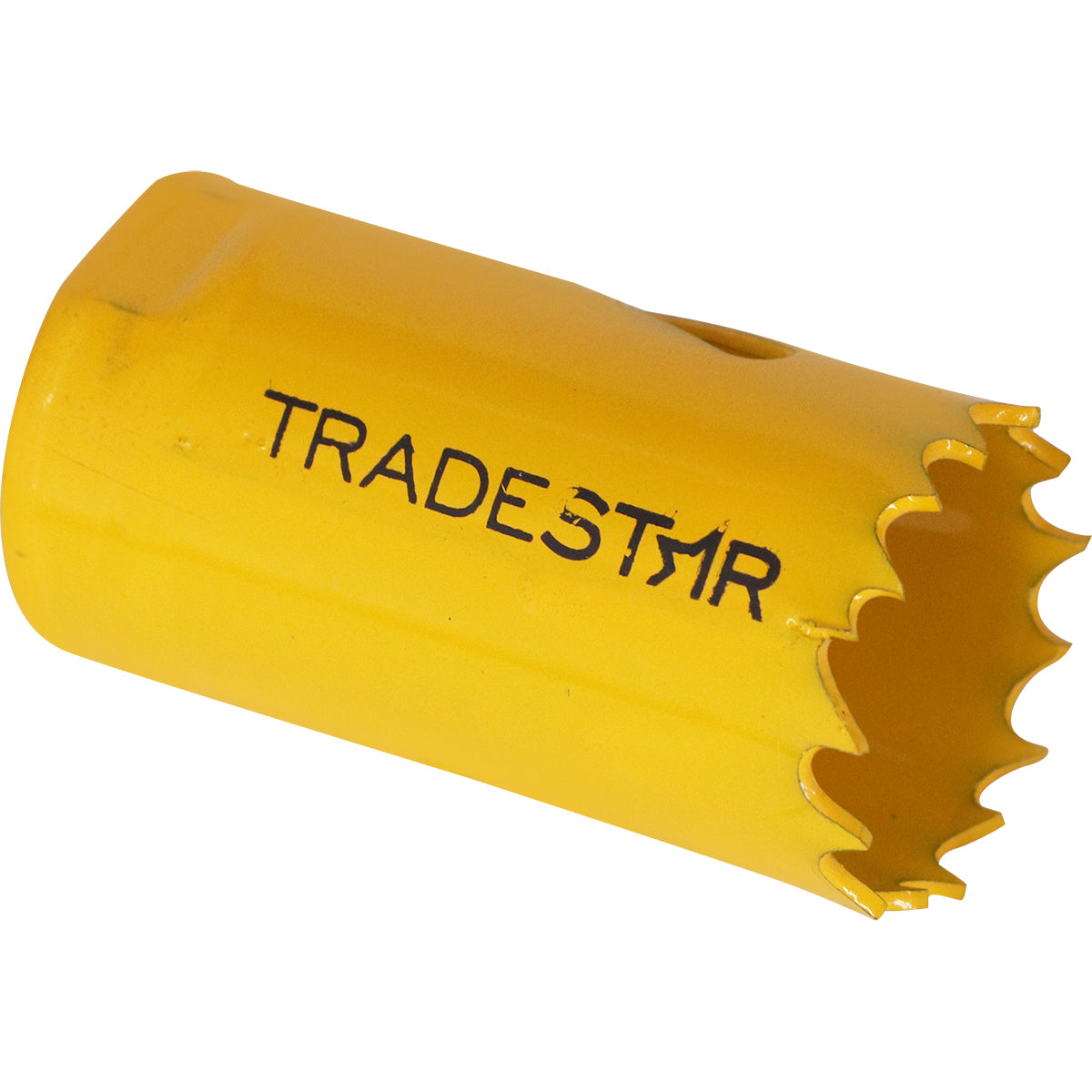 Serra Copo Bimetal Broca 27mm Corte Metal Geral Tradestar - Serra copo amarela para corte em metal, ideal para construção e marcenaria, com dentes serrilhados e logo Tradestar.