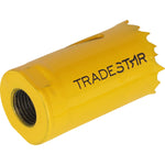 Serra Copo Bimetal Broca 27mm Corte Metal Geral Tradestar. Serra copo amarela com dentes, ideal para cortes em metal, madeira, plásticos e gesso. Ferramenta Tradestar para uso em construção, marcenaria e indústrias.