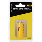 Serra copo bimetal Tradestar 27mm para corte em metal, ideal para construção, marcenaria e indústria. Serra copo amarela em embalagem plástica, com a marca Tradestar visível.