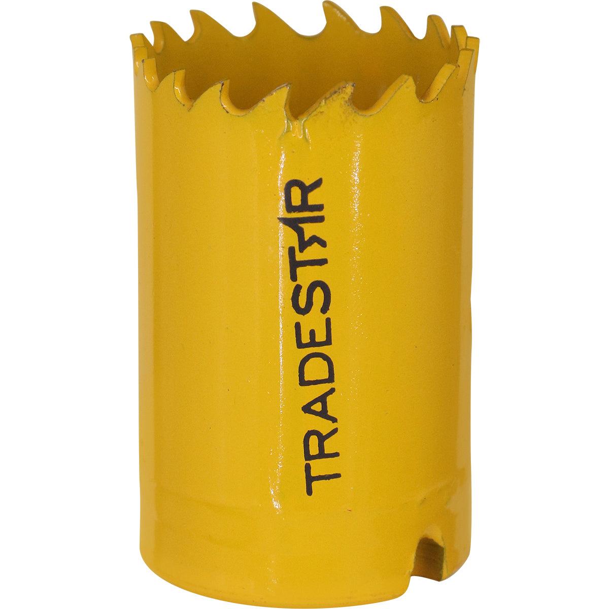 Serra Copo Bimetal Broca 32mm Tradestar para corte em metal, ideal para uso profissional e industrial. Serra copo amarela com dentes serrilhados e logo Tradestar.