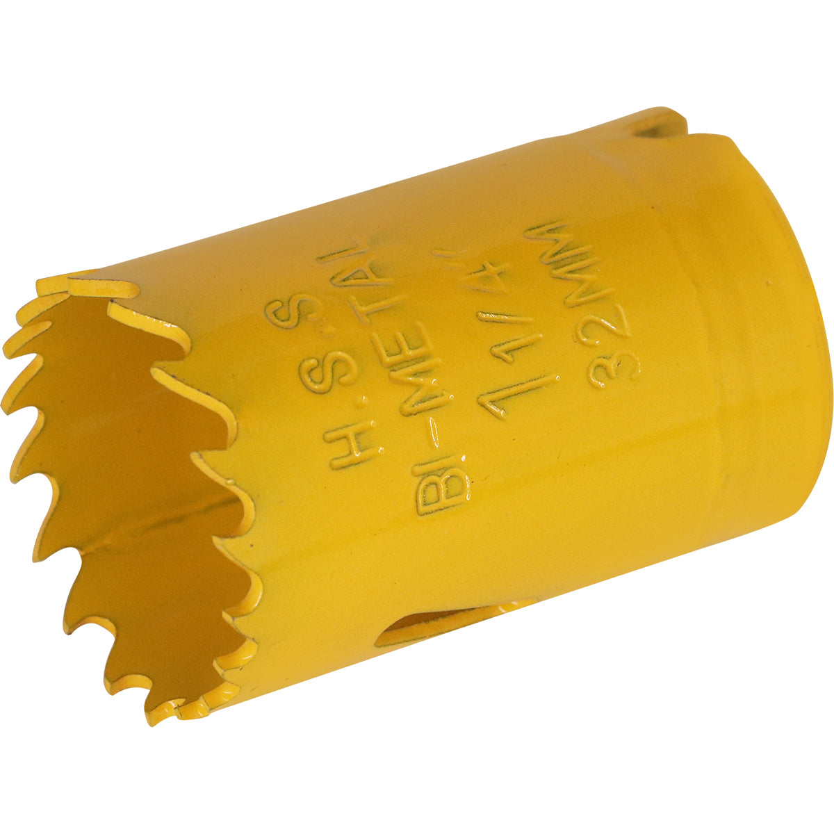Serra Copo Bimetal Broca 32mm Tradestar para corte em metal, ideal para uso profissional e industrial. Serra copo amarela com dentes afiados e marcações 'H.S.S. BI-METAL 1 1/4 32MM'.