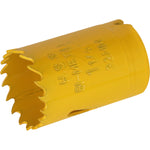 Serra Copo Bimetal Broca 32mm Tradestar para corte em metal, ideal para uso profissional e industrial. Serra copo amarela com dentes afiados e marcações 'H.S.S. BI-METAL 1 1/4 32MM'.