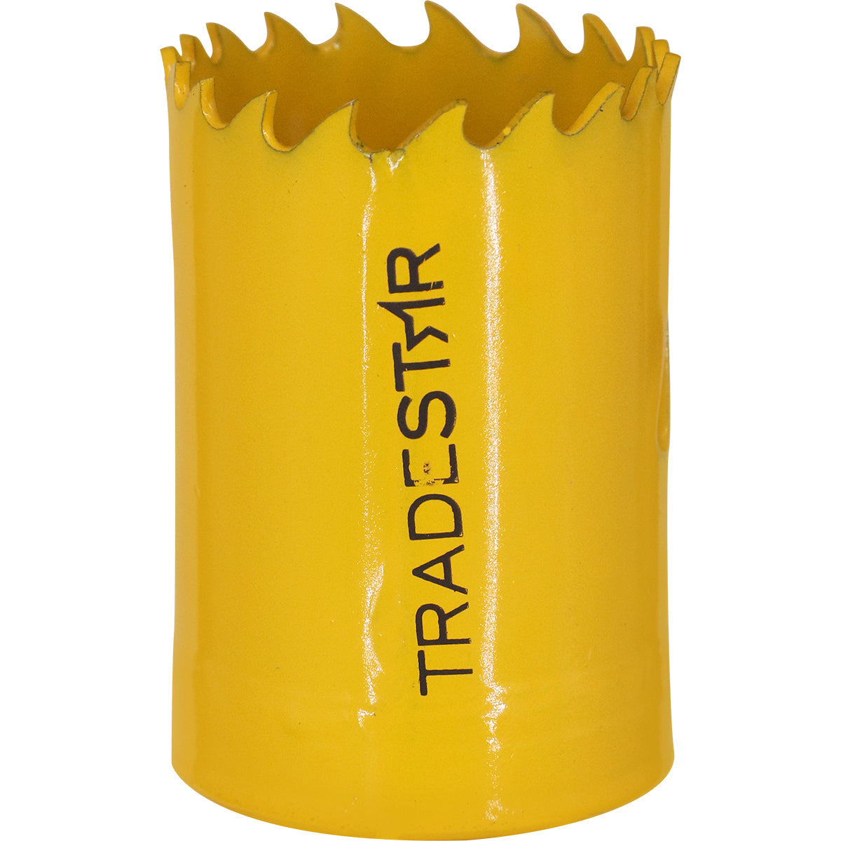 Serra Copo Bimetal Broca 35mm Corte Metal Geral Tradestar - Serra copo amarela com dentes para corte em metal, ideal para uso em construção civil e indústria.