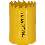 Serra Copo Bimetal Broca 35mm Corte Metal Geral Tradestar - Serra copo amarela com dentes para corte em metal, ideal para uso em construção civil e indústria.