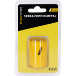 Serra Copo Bimetal Broca 35mm Corte Metal Geral Tradestar em embalagem. Serra copo amarela para corte em metal, madeira, plásticos e gesso. Ferramenta para uso profissional e industrial, ideal para cortes precisos e rápidos.