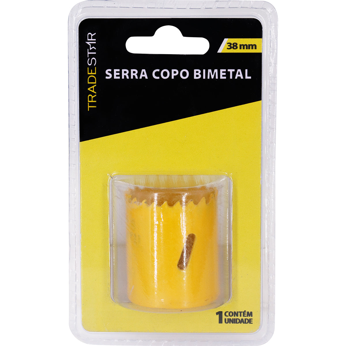 Serra Copo Bimetal Broca 38mm Tradestar para corte em metal, embalagem com 1 unidade. Ferramenta para cortes precisos em chapas, tubos e materiais metálicos, ideal para construção, marcenaria e indústria.