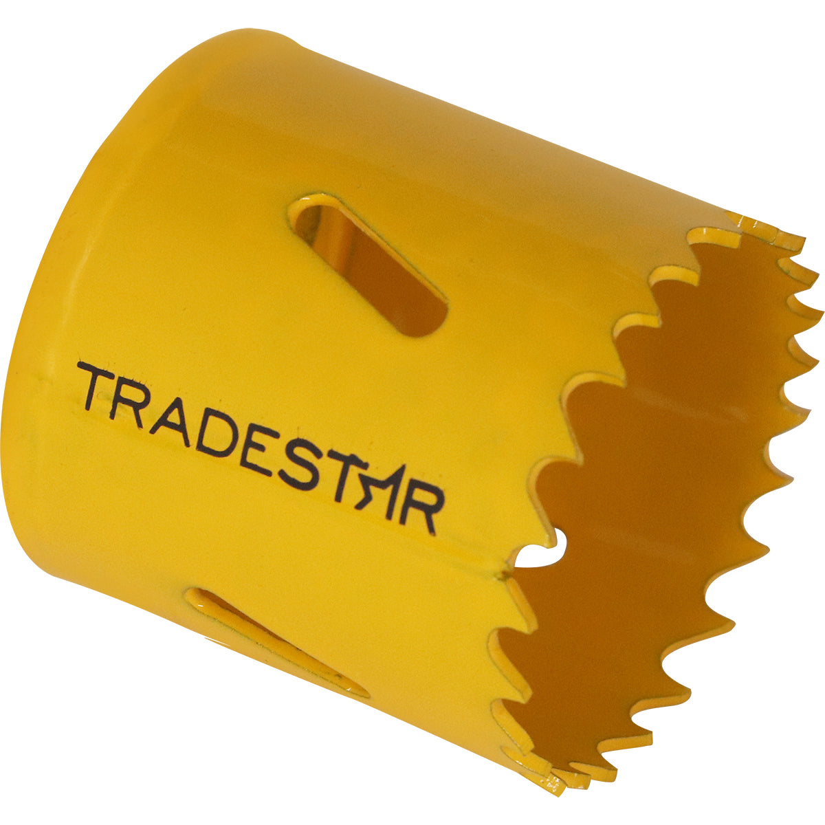Serra Copo Bimetal Broca 44mm Corte Metal Geral Tradestar - Serra copo amarela com dentes para corte em metal, ideal para uso em marcenaria, construção civil e indústrias. Ferramenta Tradestar para cortes precisos e eficientes.