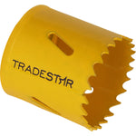 Serra Copo Bimetal Broca 44mm Corte Metal Geral Tradestar - Serra copo amarela com dentes para corte em metal, ideal para uso em marcenaria, construção civil e indústrias. Ferramenta Tradestar para cortes precisos e eficientes.