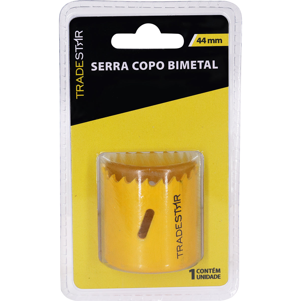 Serra copo bimetal Tradestar 44mm para corte em metal, ideal para chapas, tubos e materiais metálicos. Ferramenta para marcenaria, construção civil e indústrias. Serra copo bimetal com broca para cortes precisos e rápidos.