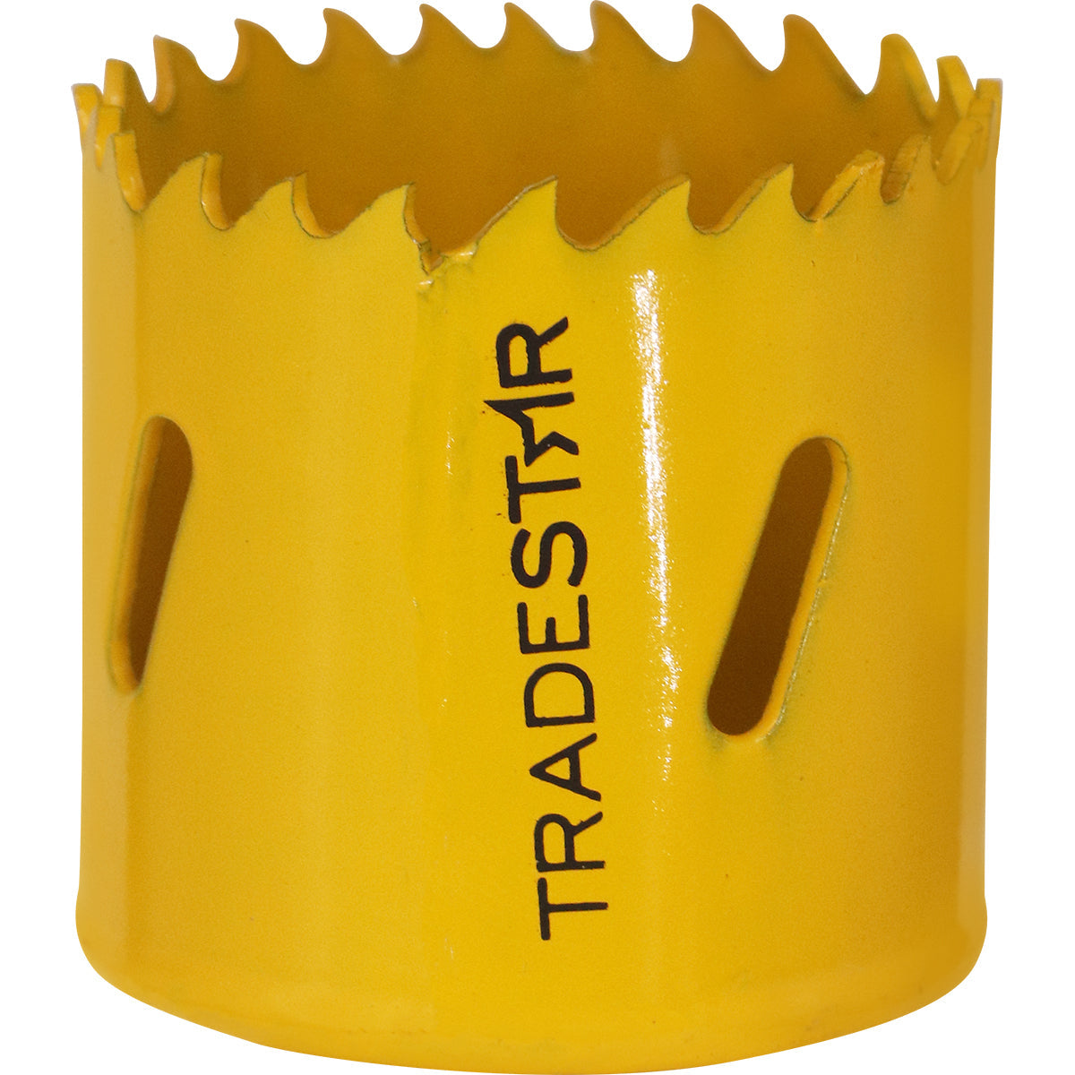 Serra Copo Bimetal Broca 46mm Corte Metal Geral Tradestar - Serra copo amarela com dentes afiados e o nome Tradestar em destaque, ideal para cortes precisos em metal, madeira, plásticos e gesso.