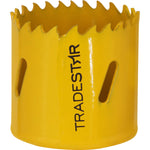 Serra Copo Bimetal Broca 46mm Corte Metal Geral Tradestar - Serra copo amarela com dentes afiados e o nome Tradestar em destaque, ideal para cortes precisos em metal, madeira, plásticos e gesso.
