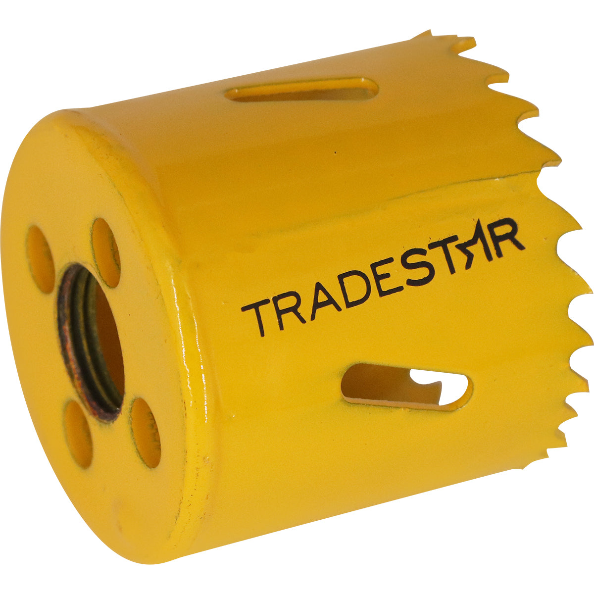 Serra Copo Bimetal Broca 46mm Corte Metal Geral Tradestar - Serra copo amarela para corte em metal, ideal para uso em marcenaria, construção civil e indústrias. Ferramenta Tradestar para cortes precisos e eficientes em chapas metálicas, tubos e outros materiais metálicos.