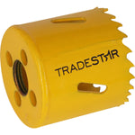 Serra Copo Bimetal Broca 46mm Corte Metal Geral Tradestar - Serra copo amarela para corte em metal, ideal para uso em marcenaria, construção civil e indústrias. Ferramenta Tradestar para cortes precisos e eficientes em chapas metálicas, tubos e outros materiais metálicos.