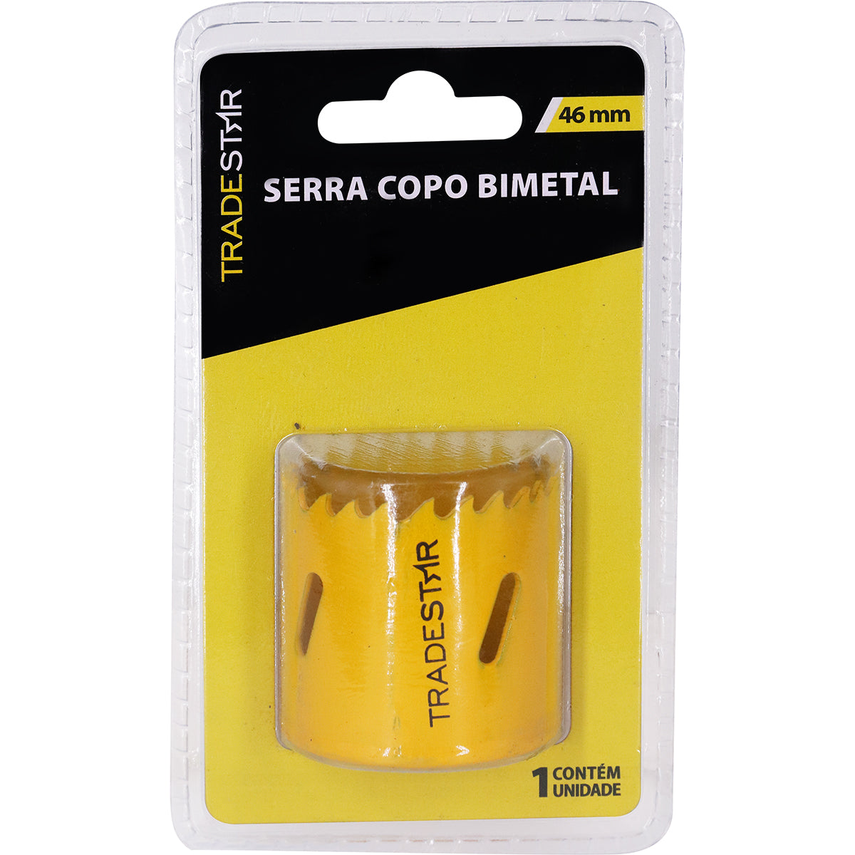 Serra Copo Bimetal Broca 46mm Tradestar para corte em metal, ideal para chapas, tubos e materiais metálicos. Ferramenta bimetálica resistente e precisa para uso em marcenaria, construção civil e indústrias. Serra copo amarela embalada em blister.