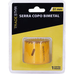Serra Copo Bimetal Broca 51mm Corte Metal Geral Tradestar em embalagem. Serra copo amarela com dentes, ideal para cortes em metal, madeira, plásticos e gesso. Ferramenta Tradestar para uso em marcenaria, construção civil e indústrias.