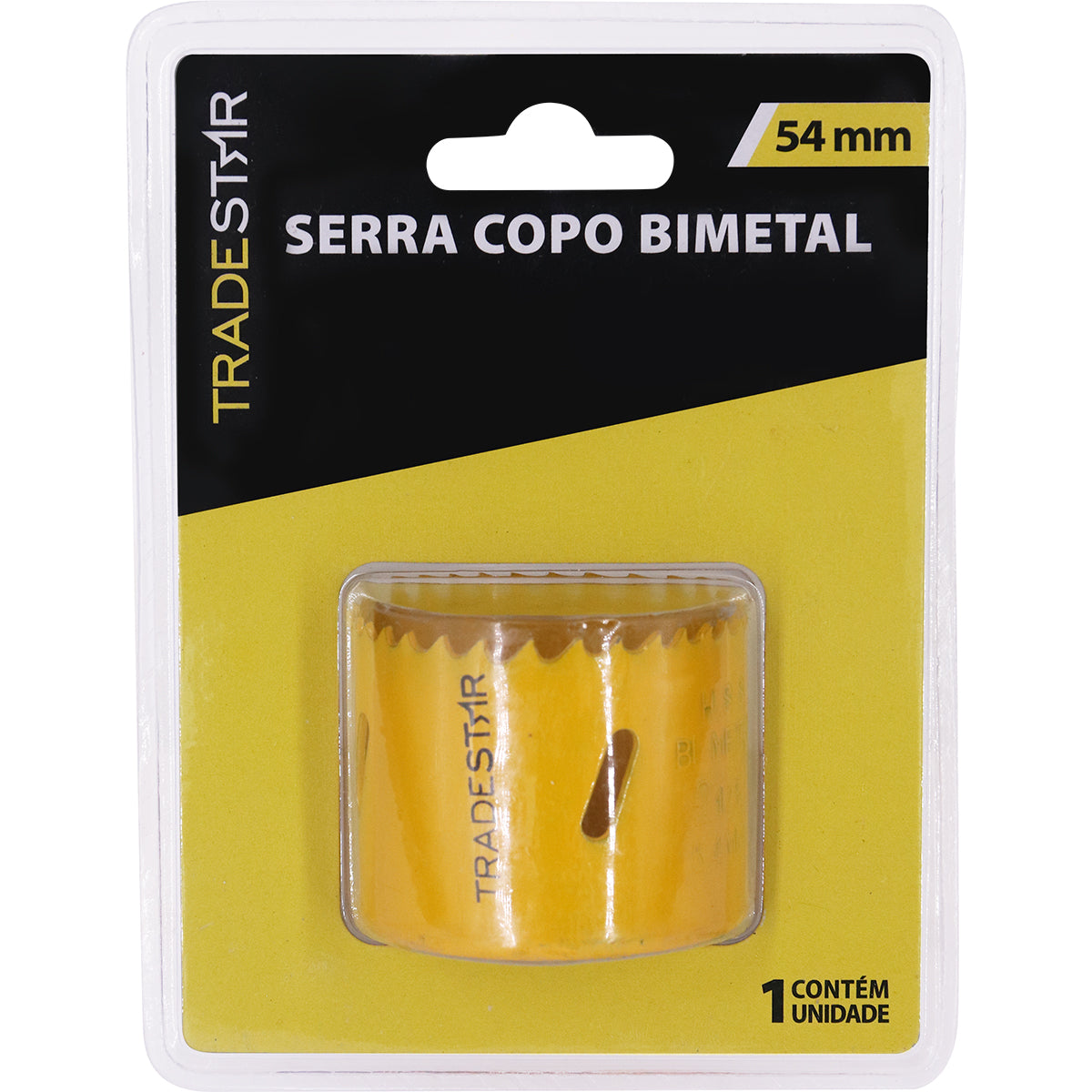 Serra Copo Bimetal Broca 54mm Corte Metal Geral Tradestar - Embalagem com serra copo bimetálica amarela, ideal para cortes precisos em metal, madeira, plásticos e gesso. Ferramenta Tradestar para uso profissional e industrial.