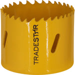 Serra Copo Bimetal Broca 57mm Corte Metal Geral Tradestar - Serra copo amarela com dentes afiados, ideal para cortes precisos em metal, madeira, plásticos e gesso. Ferramenta bimetálica durável e resistente, perfeita para construção civil, marcenaria e indústrias.