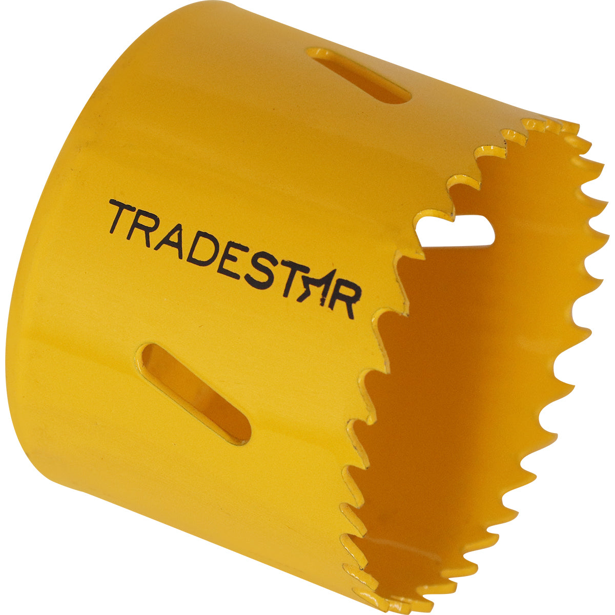 Serra Copo Bimetal Broca 57mm Corte Metal Geral Tradestar - Serra copo amarela para corte em metal, com dentes serrilhados e marca Tradestar visível.