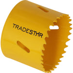 Serra Copo Bimetal Broca 57mm Corte Metal Geral Tradestar - Serra copo amarela para corte em metal, com dentes serrilhados e marca Tradestar visível.