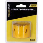 Serra Copo Bimetal Broca 60mm Corte Metal Geral Tradestar - Embalagem com serra copo bimetálica amarela, ideal para cortes precisos em metal, madeira, plásticos e gesso. Ferramenta Tradestar para uso profissional e industrial.