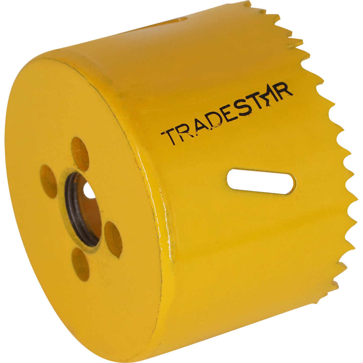 Serra Copo Bimetal Broca 64mm Corte Metal Geral Tradestar - Serra copo amarela com dentes para corte em metal, ideal para uso em marcenaria, construção civil e indústrias. Ferramenta Tradestar para cortes precisos e eficientes.