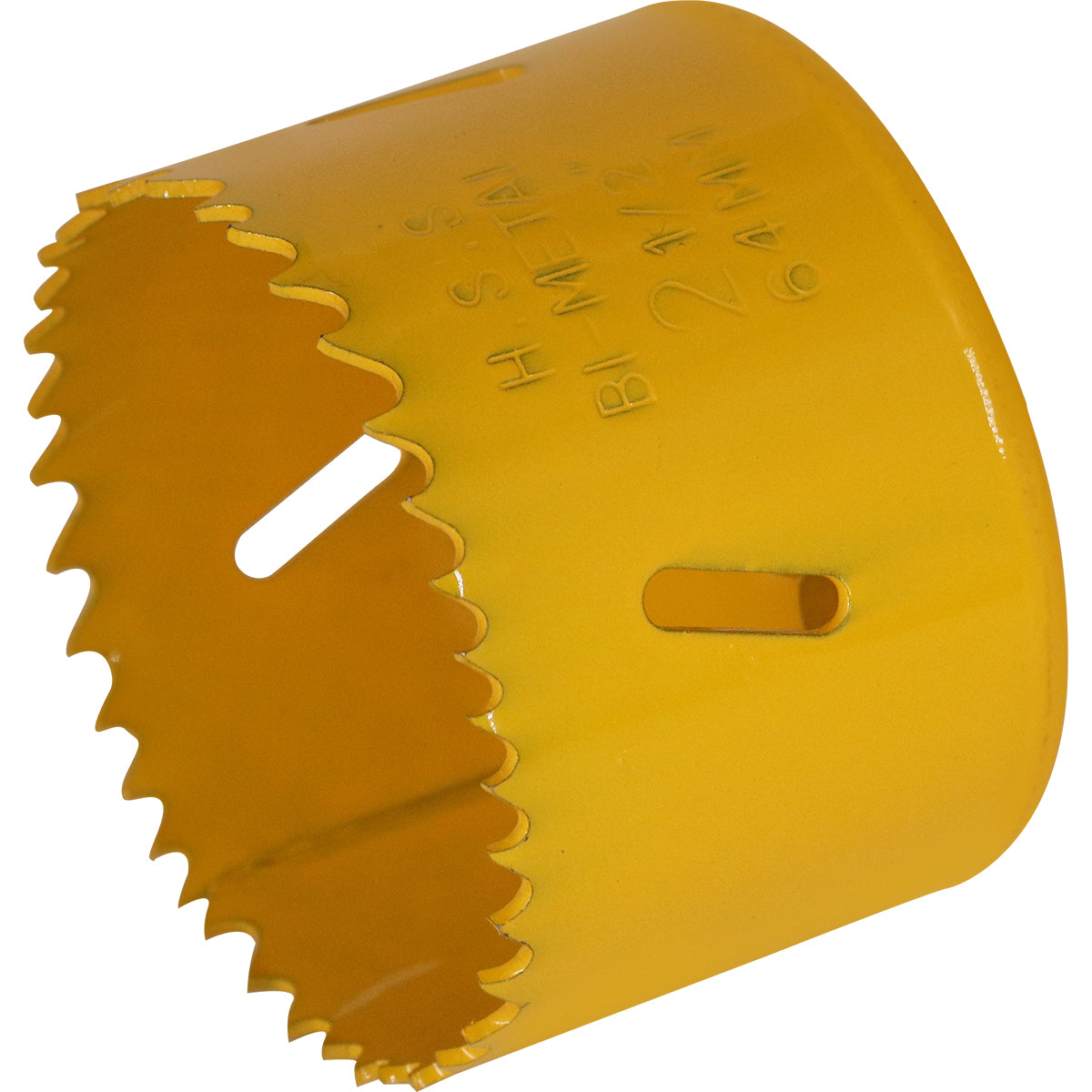 Serra Copo Bimetal Broca 64mm Corte Metal Geral Tradestar - Serra copo amarela com dentes para corte em metal, ideal para uso em marcenaria, construção civil e indústrias. Ferramenta bimetálica Tradestar para cortes precisos e eficientes.