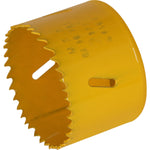 Serra Copo Bimetal Broca 64mm Corte Metal Geral Tradestar - Serra copo amarela com dentes para corte em metal, ideal para uso em marcenaria, construção civil e indústrias. Ferramenta bimetálica Tradestar para cortes precisos e eficientes.