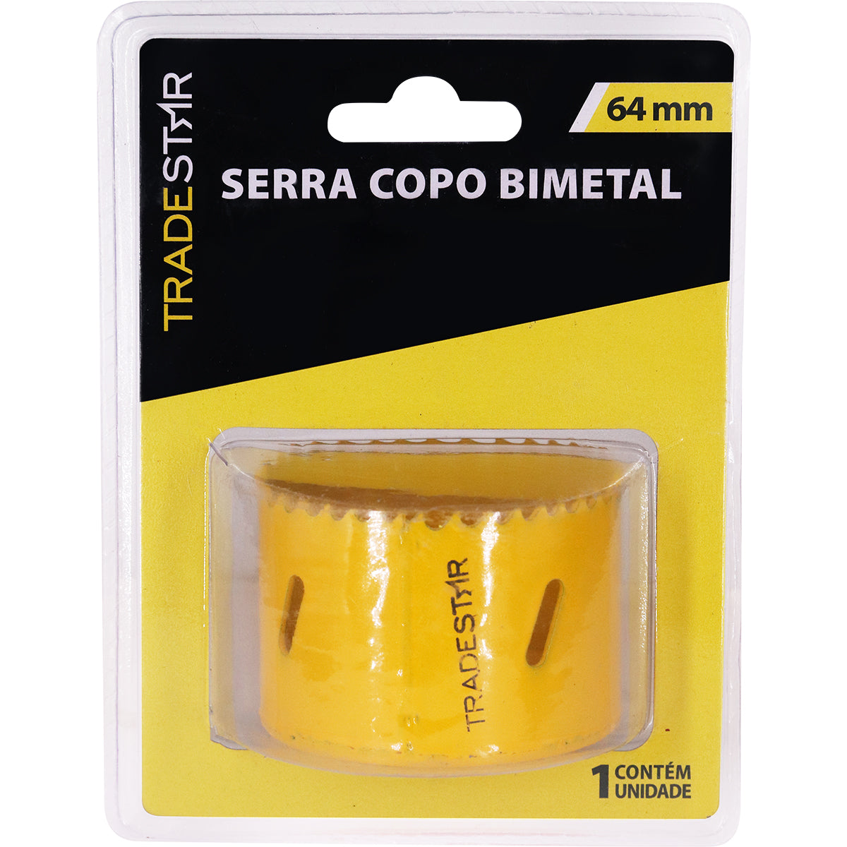 Serra Copo Bimetal Broca 64mm Corte Metal Geral Tradestar - Embalagem com 1 unidade, serra copo amarela para cortes precisos em metal, ideal para uso em marcenaria, construção civil e indústrias.