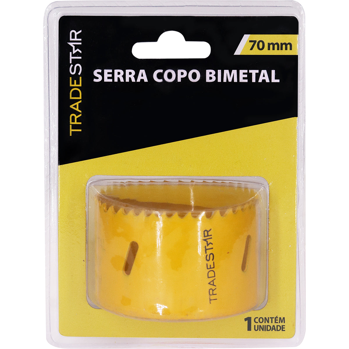 Serra Copo Bimetal Broca 70mm Corte Metal Geral Tradestar - Serra copo amarela em embalagem, ideal para cortes precisos em metais, construção civil e indústrias. Ferramenta bimetálica Tradestar, 70mm, 1 unidade.