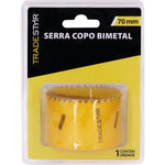 Serra Copo Bimetal Broca 70mm Corte Metal Geral Tradestar - Serra copo amarela em embalagem, ideal para cortes precisos em metais, construção civil e indústrias. Ferramenta bimetálica Tradestar, 70mm, 1 unidade.