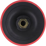 Base para disco de lixa com velcro 115mm para esmerilhadeira M14 Tradestar. Suporte de PVC preto com borda vermelha, ideal para lixamento e polimento em madeira, metal e plástico. Possui sistema de fixação por velcro e rosca M14.