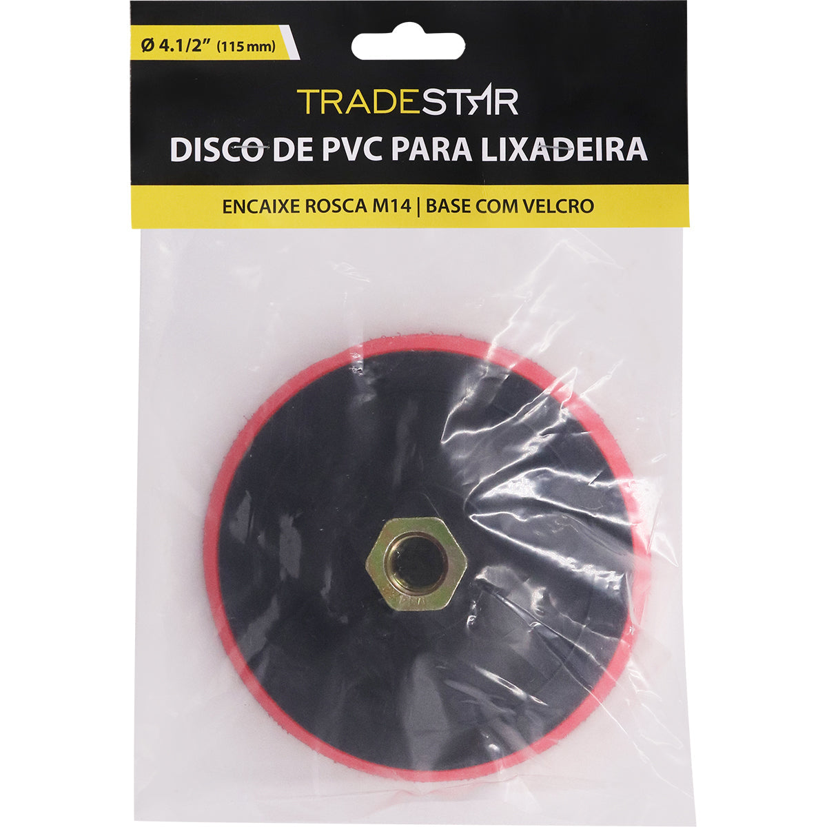Base para disco de lixa com velcro 115mm para esmerilhadeira, rosca M14, marca Tradestar. Ideal para lixamento e polimento em madeira, metal e plástico. Suporte para lixa com sistema fixa fácil.