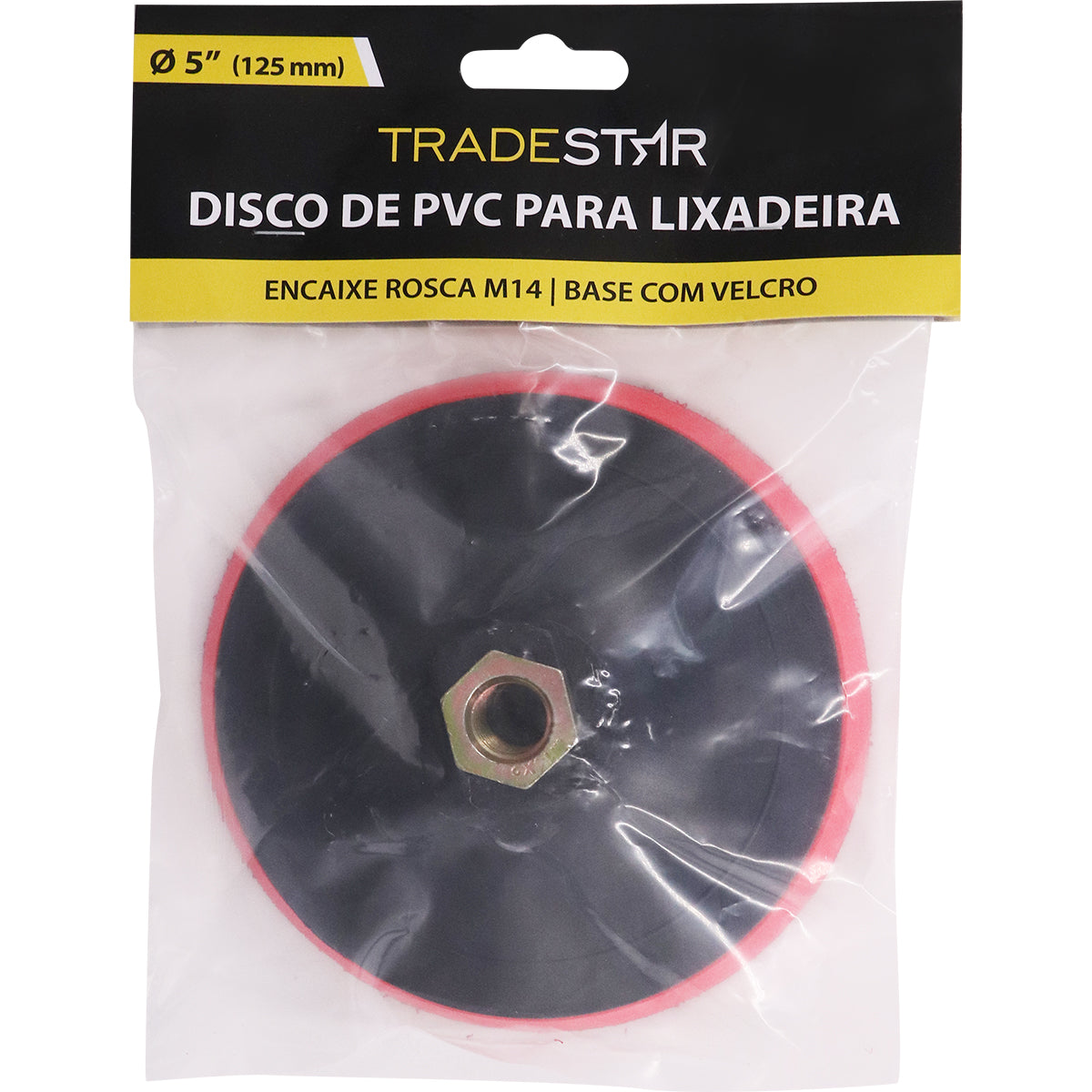 Base para disco de lixa com velcro 125mm para esmerilhadeira, rosca M14, marca Tradestar. Ideal para lixamento e polimento em madeira, metal e plástico. Suporte de PVC com fixação por velcro para troca rápida da lixa.