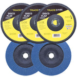 Kit com 5 discos de lixa flap Tradestar 7 polegadas grão 40 para lixadeira, ideal para desbaste em aço inox, alumínio e metais ferrosos. Ferramenta para uso em esmerilhadeiras angulares, proporcionando acabamento uniforme e durabilidade superior. Perfeito para projetos de lixamento e preparação de superfícies.