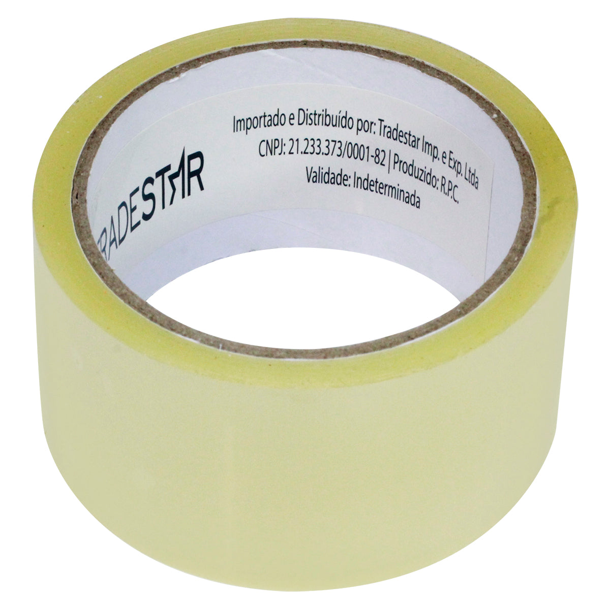 Fita adesiva transparente Tradestar 48mm x 40m, ideal para embalagens e uso geral. Rolo de fita adesiva transparente, mostrando detalhes da marca e informações do produto.