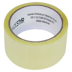 Fita adesiva transparente Tradestar 48mm x 40m, ideal para embalagens e uso geral. Rolo de fita adesiva transparente, mostrando detalhes da marca e informações do produto.