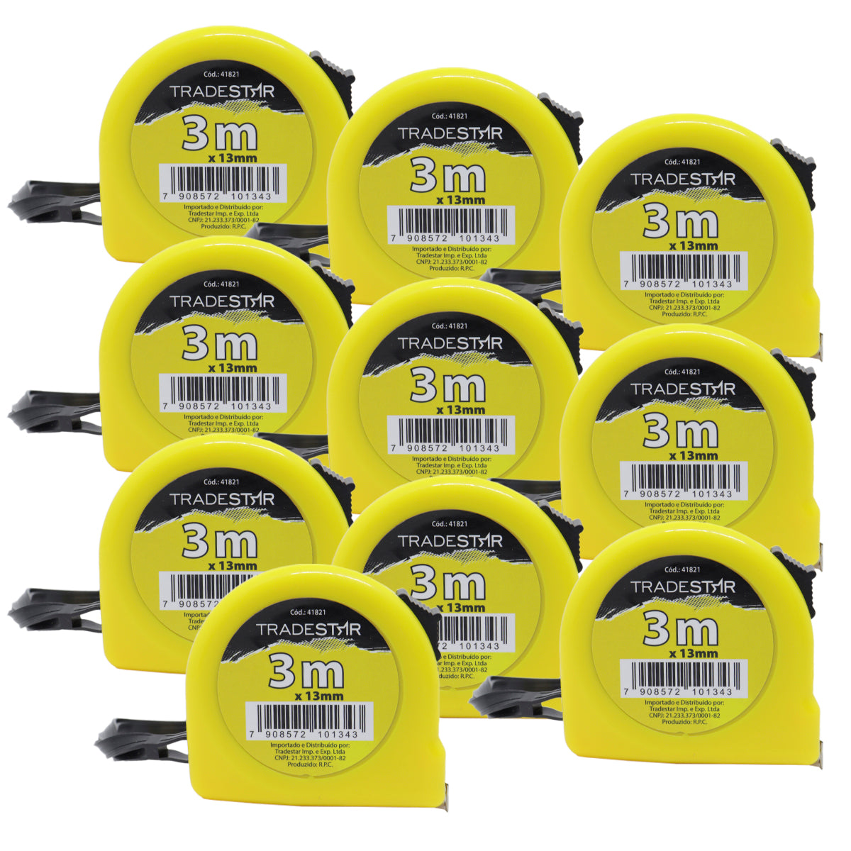 Kit com 10 Trenas de aço metal amarelas de 3 metros com fita de 13mm, trava e corpo em ABS. Ideal para medições precisas em projetos de construção e uso geral. Trena Tradestar, com medidas em centímetros e polegadas.